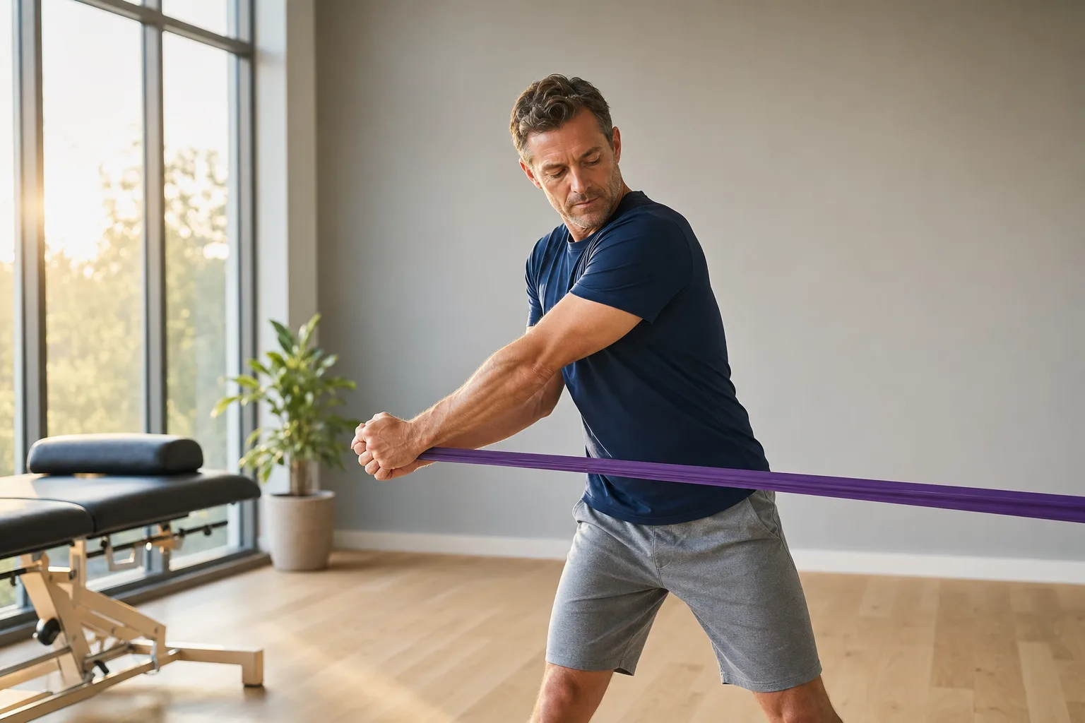 Physical therapy training session with resistance-band rotation drill